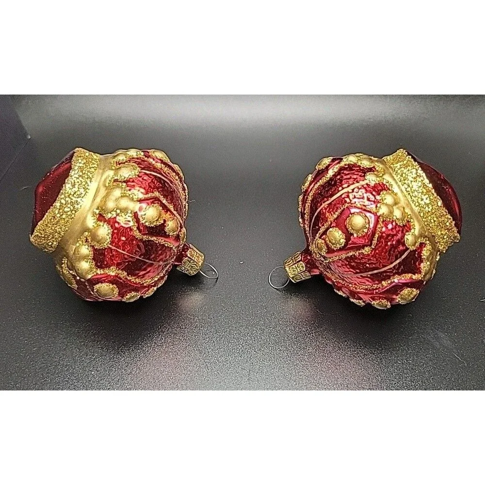 Vtg Czech Republic Blown Glass Crown Christmas Ornaments Red Gold Set of 2 EUC